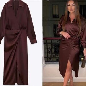 Zara * Satin Effect Wrap Dress Brown Midi* NWT